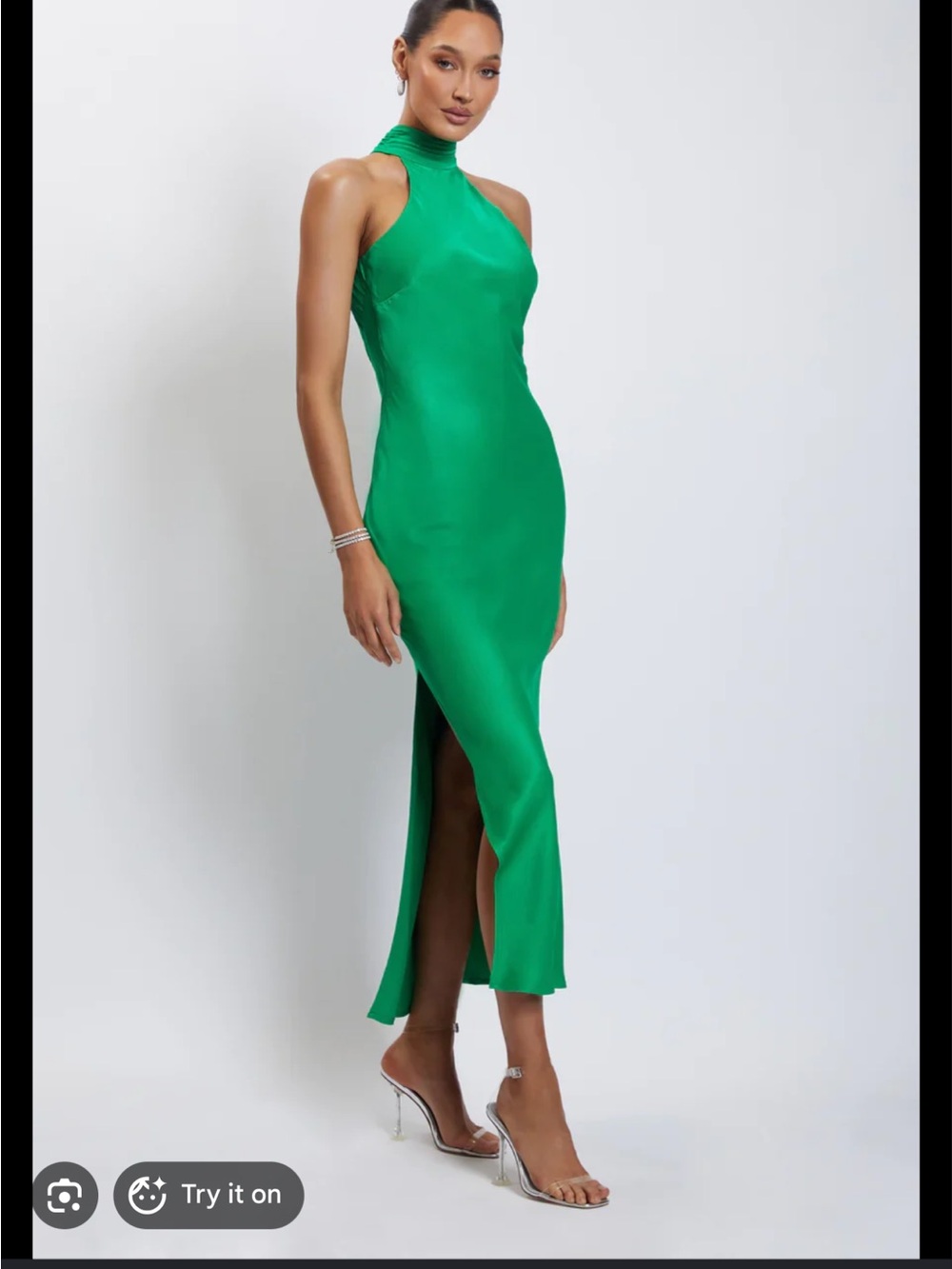 Meshki Claire Satin Drape Back Maxi Dress with Split - Green